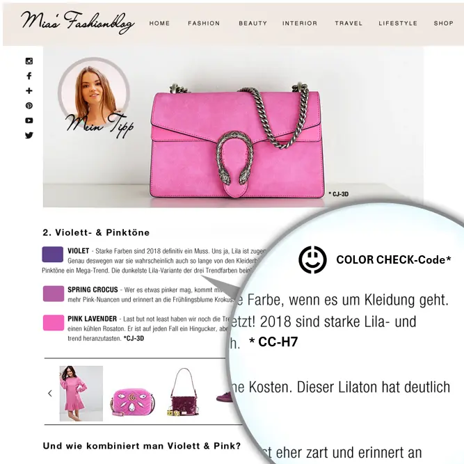 Modeblog mit pinker Tasche und erklärter COLOR-CHECK-Farbreferenz