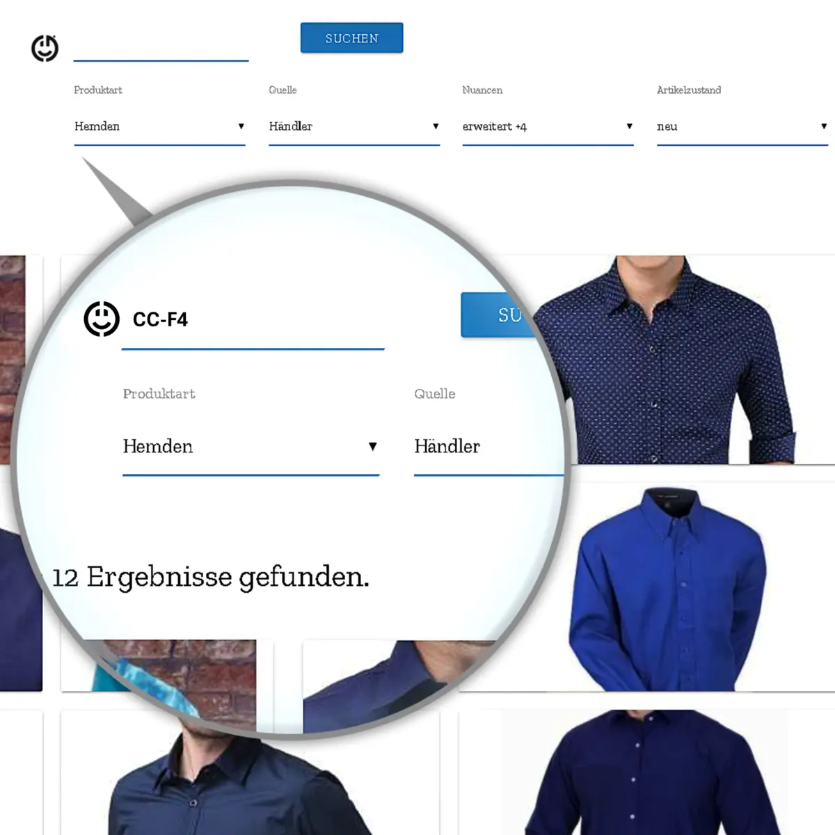 Mockup einer eigenen COLOR-CHECK-Produktsuche mit Code, Produktart und Händler