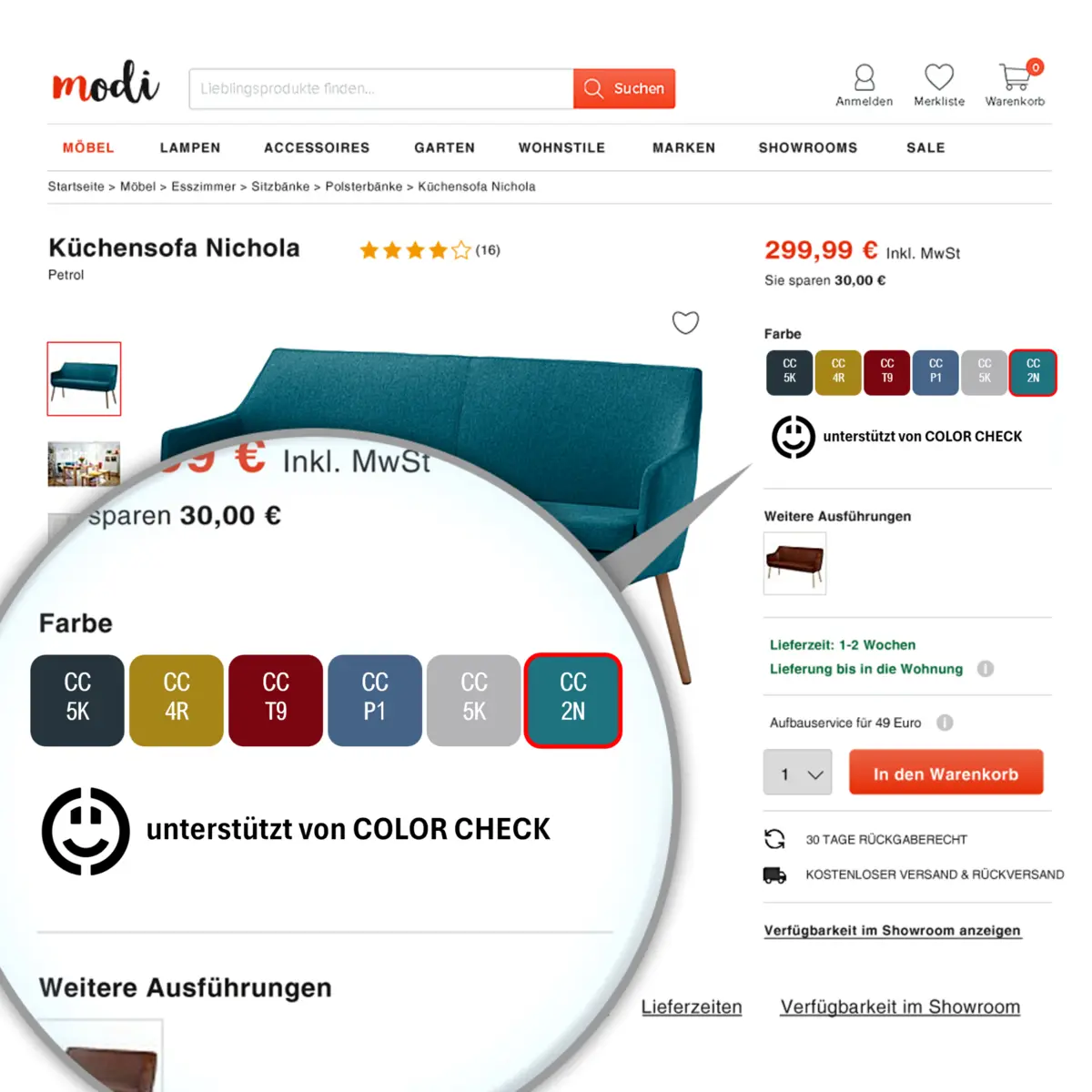 Mockup eines Onlineshops mit COLOR-CHECK-Farbcodes als Varianten