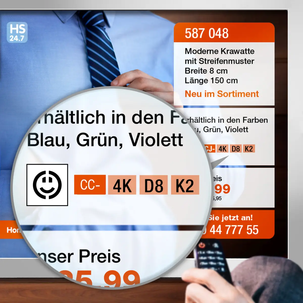 Mockup einer Home-Shopping-Sendung mit COLOR-CHECK-Code zur gezeigten Krawatte
