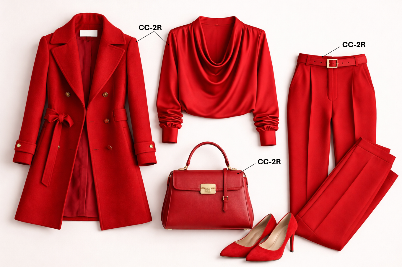 Rote Kleidungsstücke und Accessoires mit derselben COLOR-CHECK-Farbreferenz