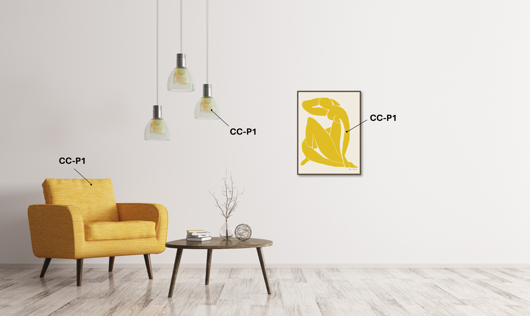 Wohnraum mit demselben COLOR-CHECK-Code an Sessel, Leuchten und Kunst